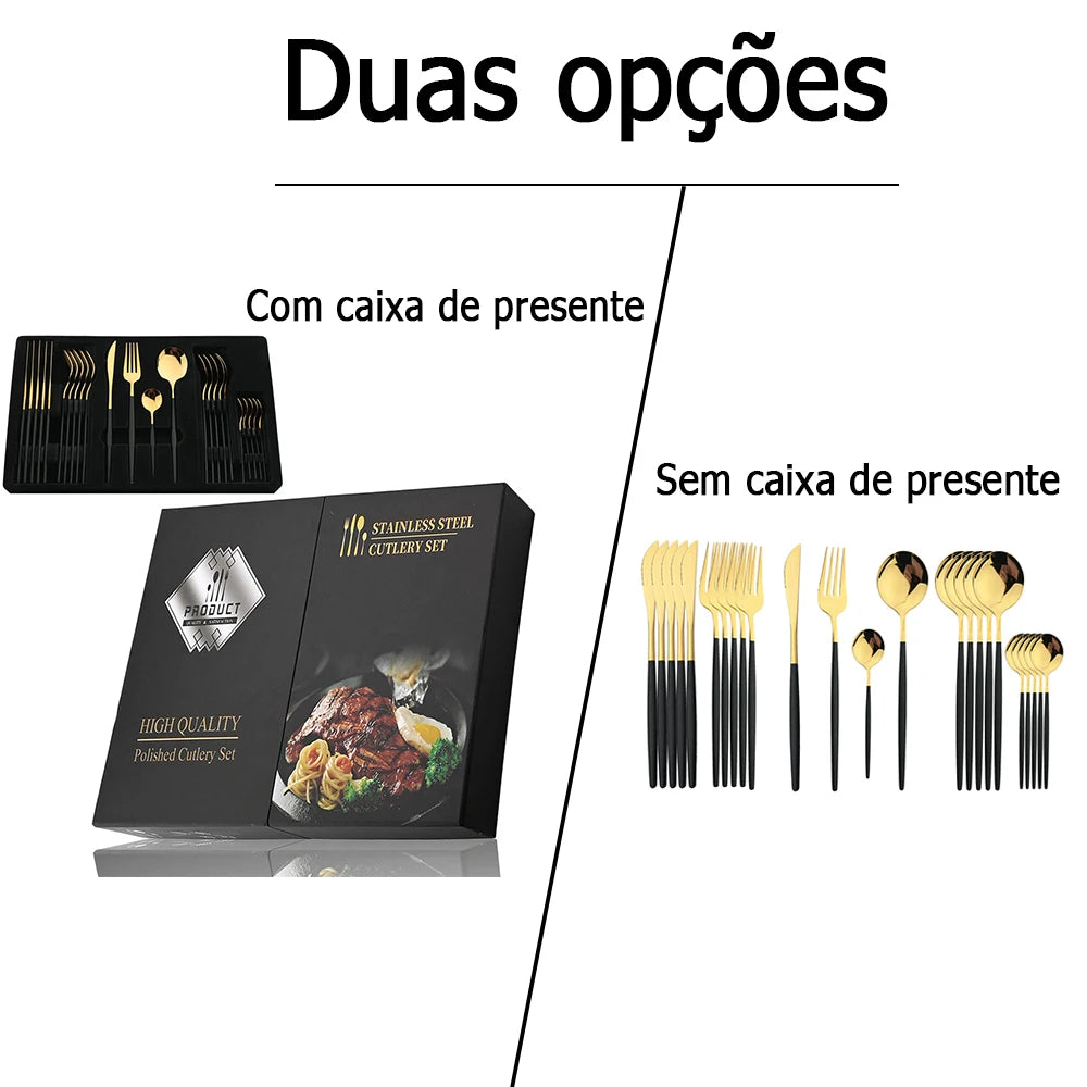 Lindo Conjunto de talheres dourados com cabo preto de 24 peças, aço inoxidável, faca, garfo, colher, talheres.