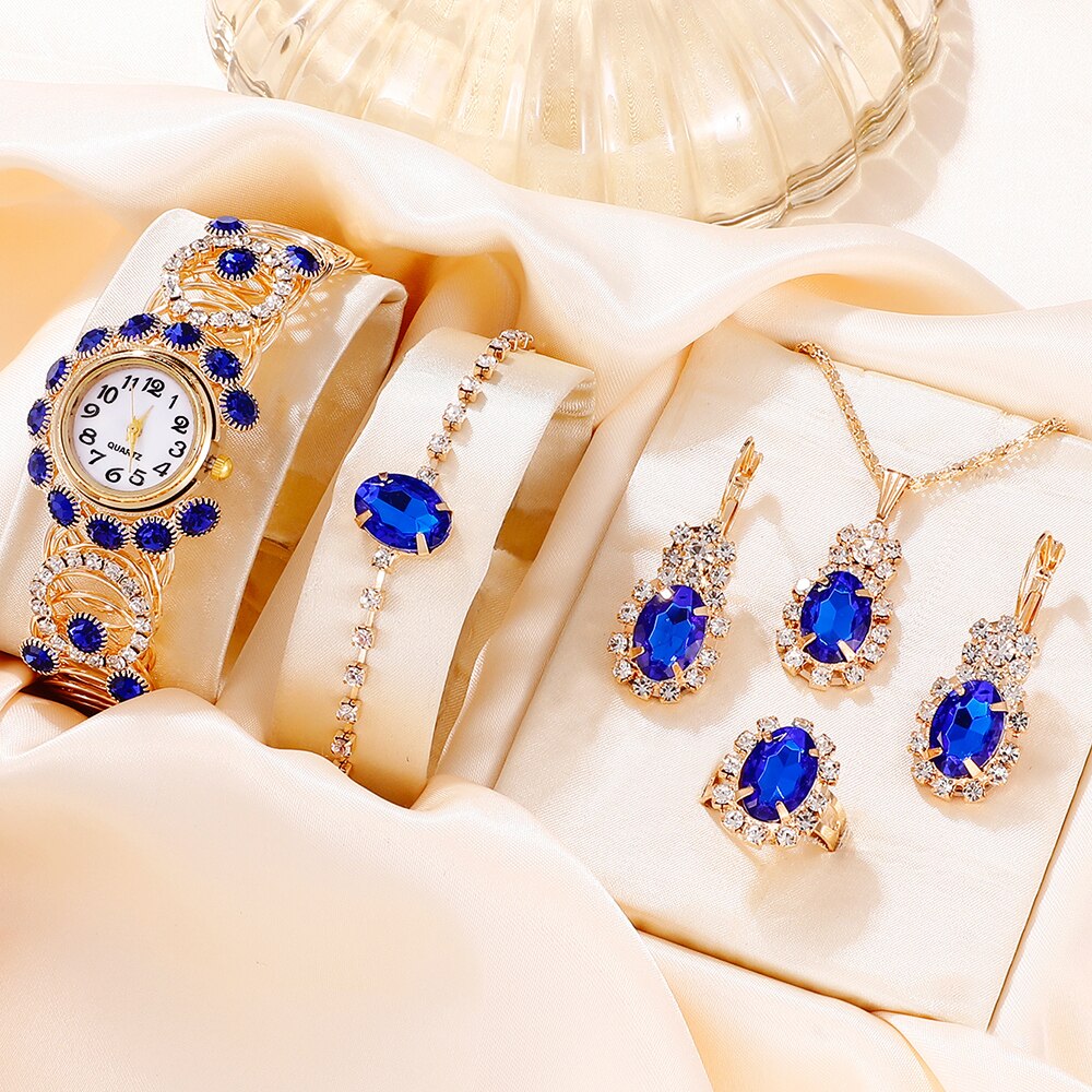 Conjunto de 6 peças de luxo feminino, pulseira, relógios de quartzo e magnético.