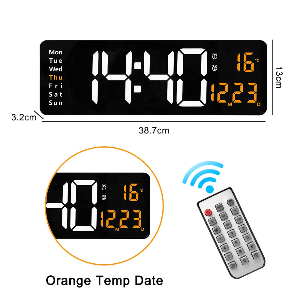 Relógio de parede digital com adaptador de controle remoto, exibição de hora, data, semana com despertador