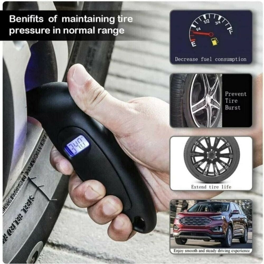 Ferramenta de teste de medidor de pressão de ar de pneu LCD digital portátil para carro, moto, bicicleta.