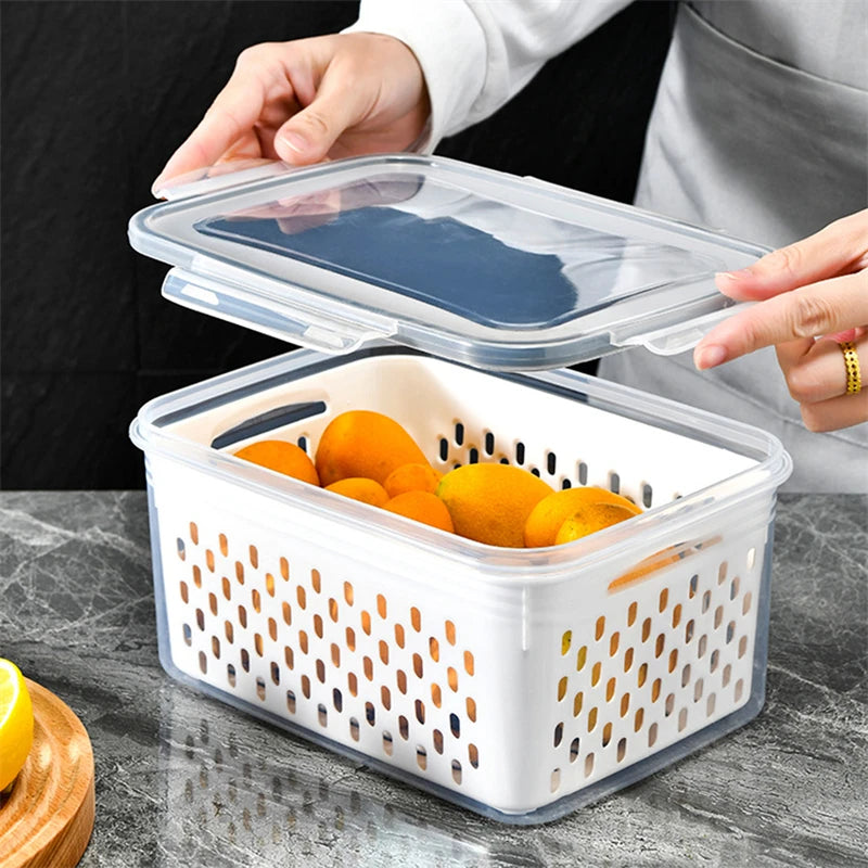KIT COM 3 POTES - Organizador de geladeira Caixas de frutas e vegetais frescos com Cesta de drenagem