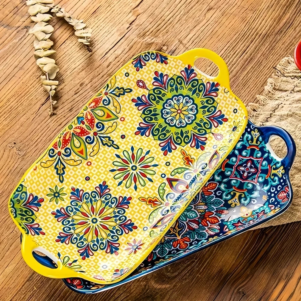 Prato de peixe de cerâmica estilo boêmio com alça: 32 x 8 cm