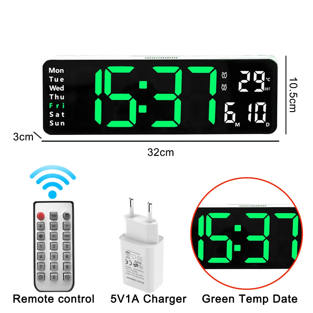 Relógio de parede digital com adaptador de controle remoto, exibição de hora, data, semana com despertador
