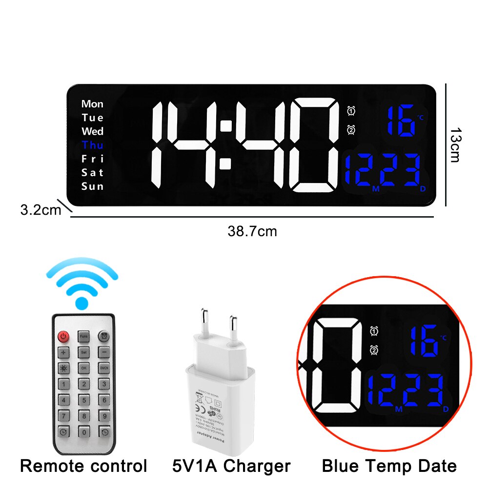 Relógio de parede digital com adaptador de controle remoto, exibição de hora, data, semana com despertador