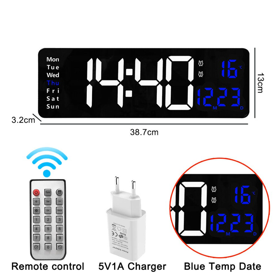Relógio de parede digital com adaptador de controle remoto, exibição de hora, data, semana com despertador