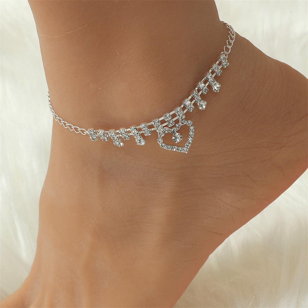 Tornozeleira Feminina Cor Prata Strass Duplo Coração