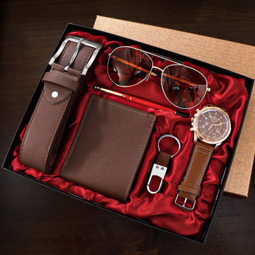 Relógio empresarial de luxo Conjunto masculino 6 em 1 Relógio Óculos Caneta Chaveiro Cinto Bolsa