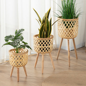 Conjunto com 3 Vasos Feito à mão de  bambu de flores com suporte pra planta e  decoração para casa