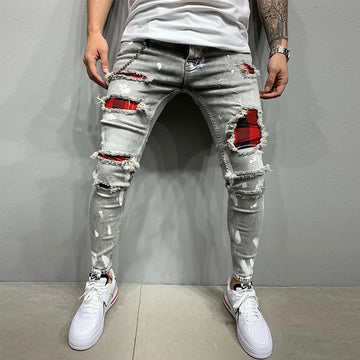 Linda calça jeans skin rasgado preto e cinza