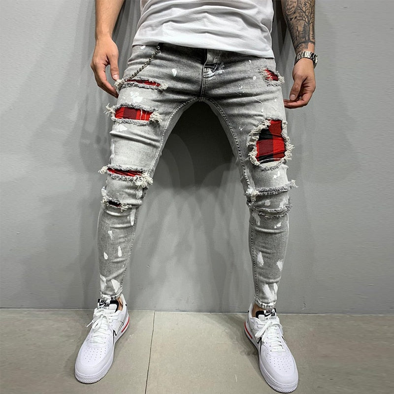 Linda calça jeans skin rasgado preto e cinza