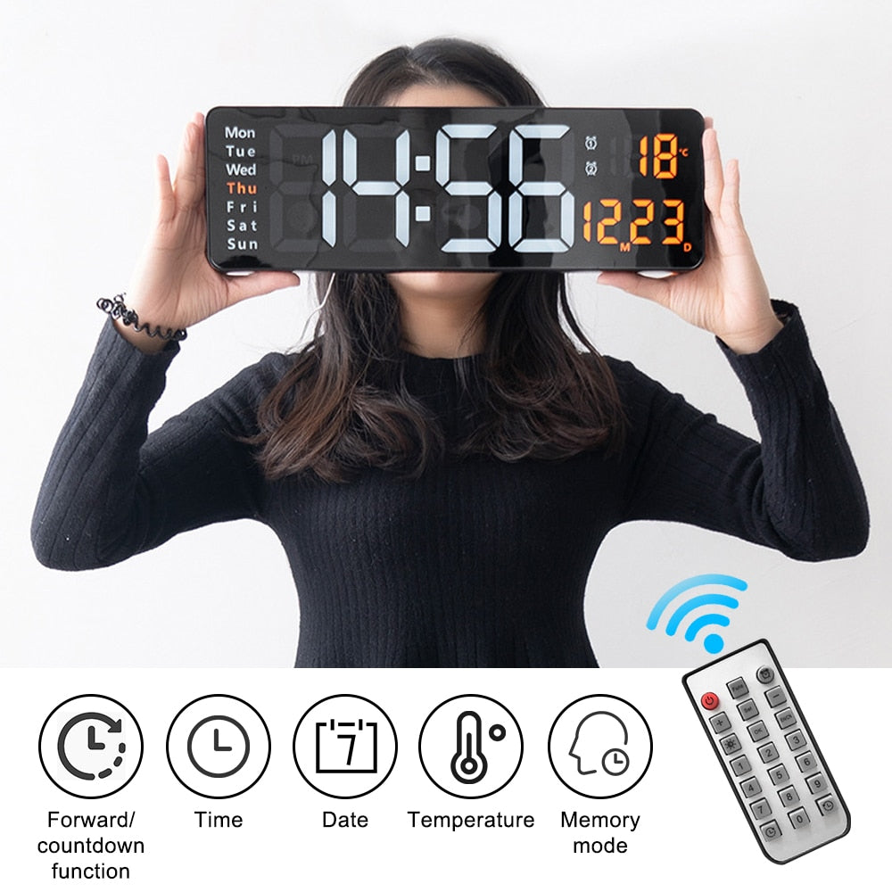 Relógio de parede digital com adaptador de controle remoto, exibição de hora, data, semana com despertador