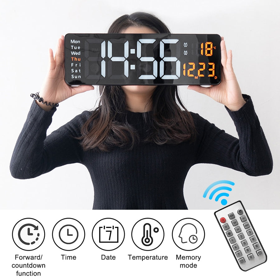 Relógio de parede digital com adaptador de controle remoto, exibição de hora, data, semana com despertador