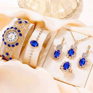 Conjunto de 6 peças de luxo feminino, pulseira, relógios de quartzo e magnético.