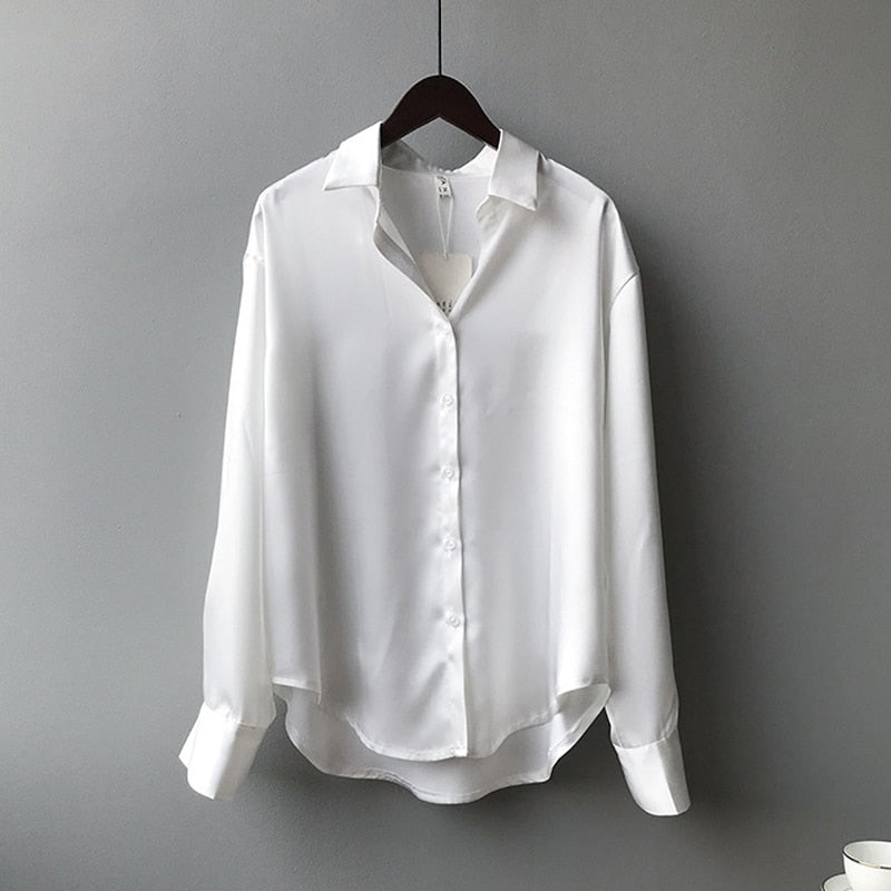 Moda Outono Camisa de Seda de Cetim com Botões Vintage