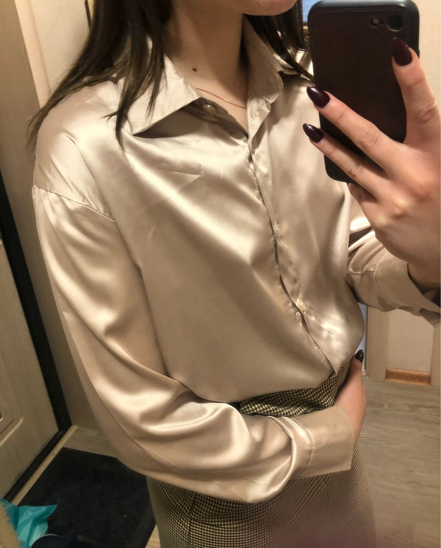 Moda Outono Camisa de Seda de Cetim com Botões Vintage