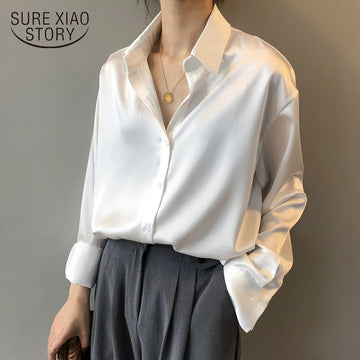 Moda Outono Camisa de Seda de Cetim com Botões Vintage