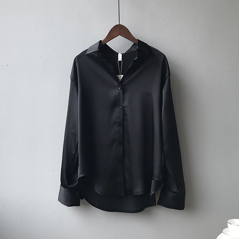 Moda Outono Camisa de Seda de Cetim com Botões Vintage