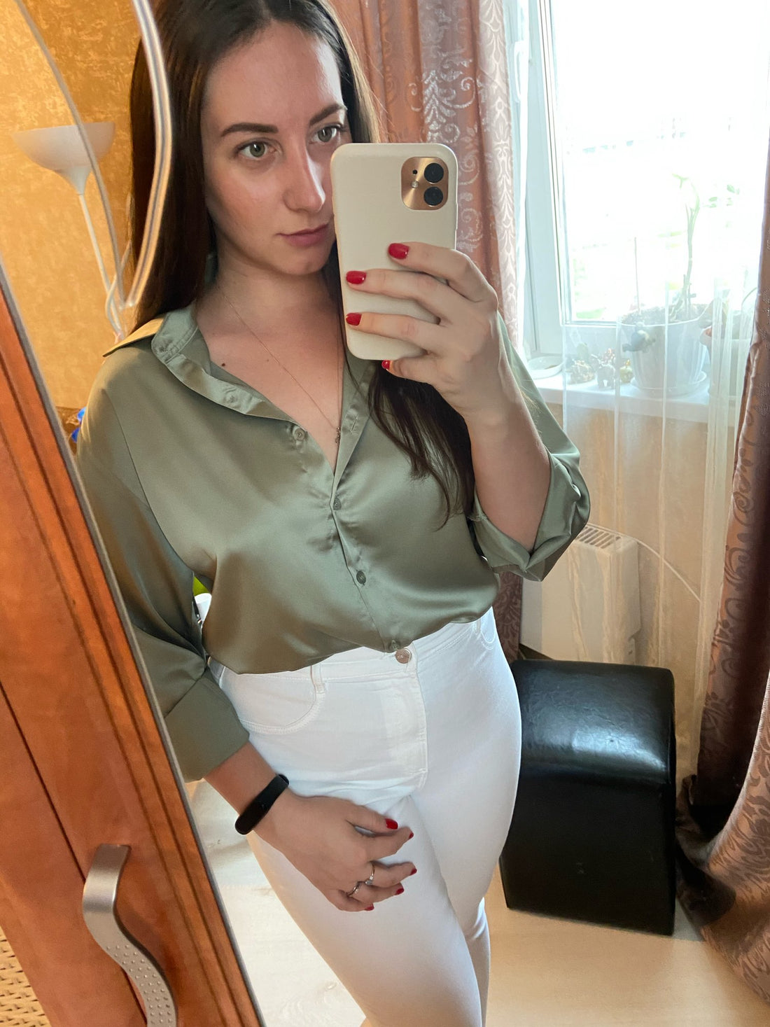 Moda Outono Camisa de Seda de Cetim com Botões Vintage