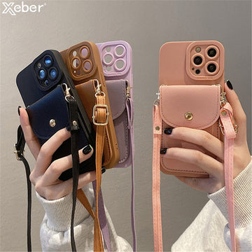 Capa de telefone carteira tiracolo de couro tira para iPhone de luxo